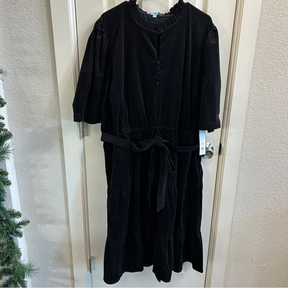 Draper James Black Midi Dress Size 3X NWT Tiered Skirt Ruffled Neck - Picture 2 of 14